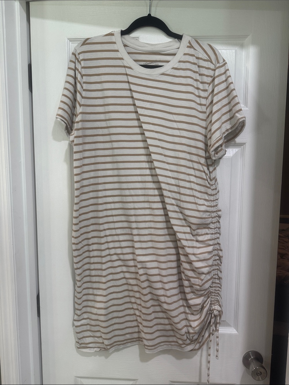 Universal Thread Beige and White Striped Ruched Tee Dress